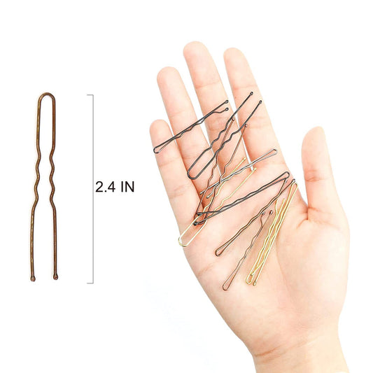 Hoyols U Shaped Hair Pins Brown, U Shape Bobby Pins Metal Curved Curly Waved Bun Clips Hairpin for Buns Women Girls Grips Hairstyle Updo Thin Thick Hair, 100 Count 2.4 Inch (Brown)