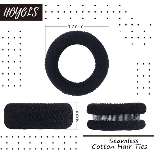 Large Thick Hair Ties, Black Ponytail Holder Seamless Hair Bands Cotton Stretch for Women Mens Hair Ties No Damage Headband HOYOLS (Black)