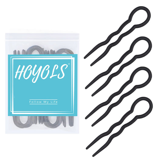 Hoyols 12 pcs 3.5” inch French Style Hair Pins, Small French Hair Fork, Wavy Crink Hair Pin U Shaped Hair Sticks Cellulose Acetate Chignon Updo Bun cover Holder Sleek Set for Women Styling Accessories Black