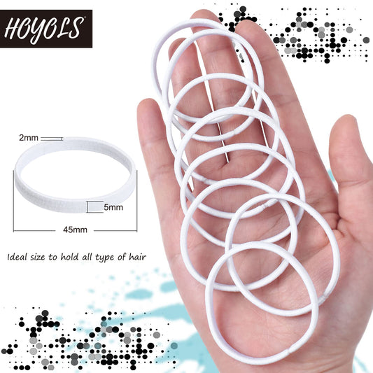HOYOLS Flat White Hair Elastics Bands, No Metal Thick Large Hair Ties, Heavy Curly Hair Ponytail Holders Headband for Women Men 1-inch 5mm Width 42 Count (White)
