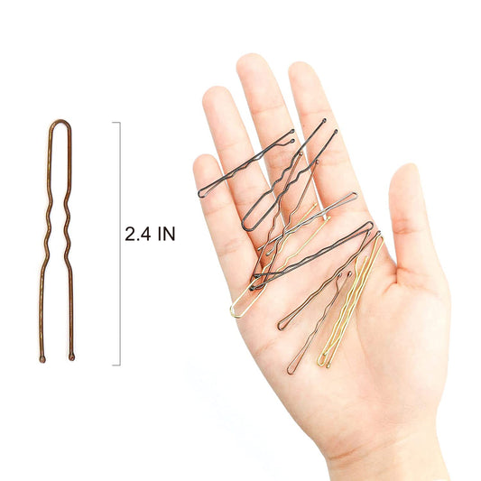 Hoyols U Shaped Hair Pins Brown, Metal Curved Curly Waved Bun Clips Bobby Pins Brown for Women Hair Accessories Decorative Buns Girls Grips Hairstyle with Case, 100 Count (Brown)
