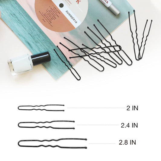 Hoyols U Shaped Hair Pins Black, Assorted Size U Shape Bobby Pins, Metal Curved Curly Bun Clips Hairpin Crimped Design with Ball Tips for Buns Women Girls Grips Hairstyle Updo Thin Thick Hair, 150 Count Bulk Pack (Black)