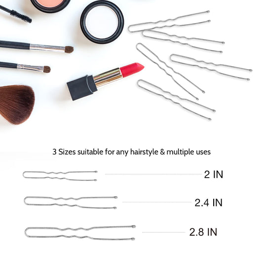 Hoyols U Shaped Hair Pins Silver, Assorted Size U Shape Bobby Pins, Metal Curved Curly Bun Clips Hairpin Crimped Design with Ball Tips for Buns Women Girls Grips Hairstyle Updo Thin Thick Hair Gold, 150 Count Bulk Pack (Silver)