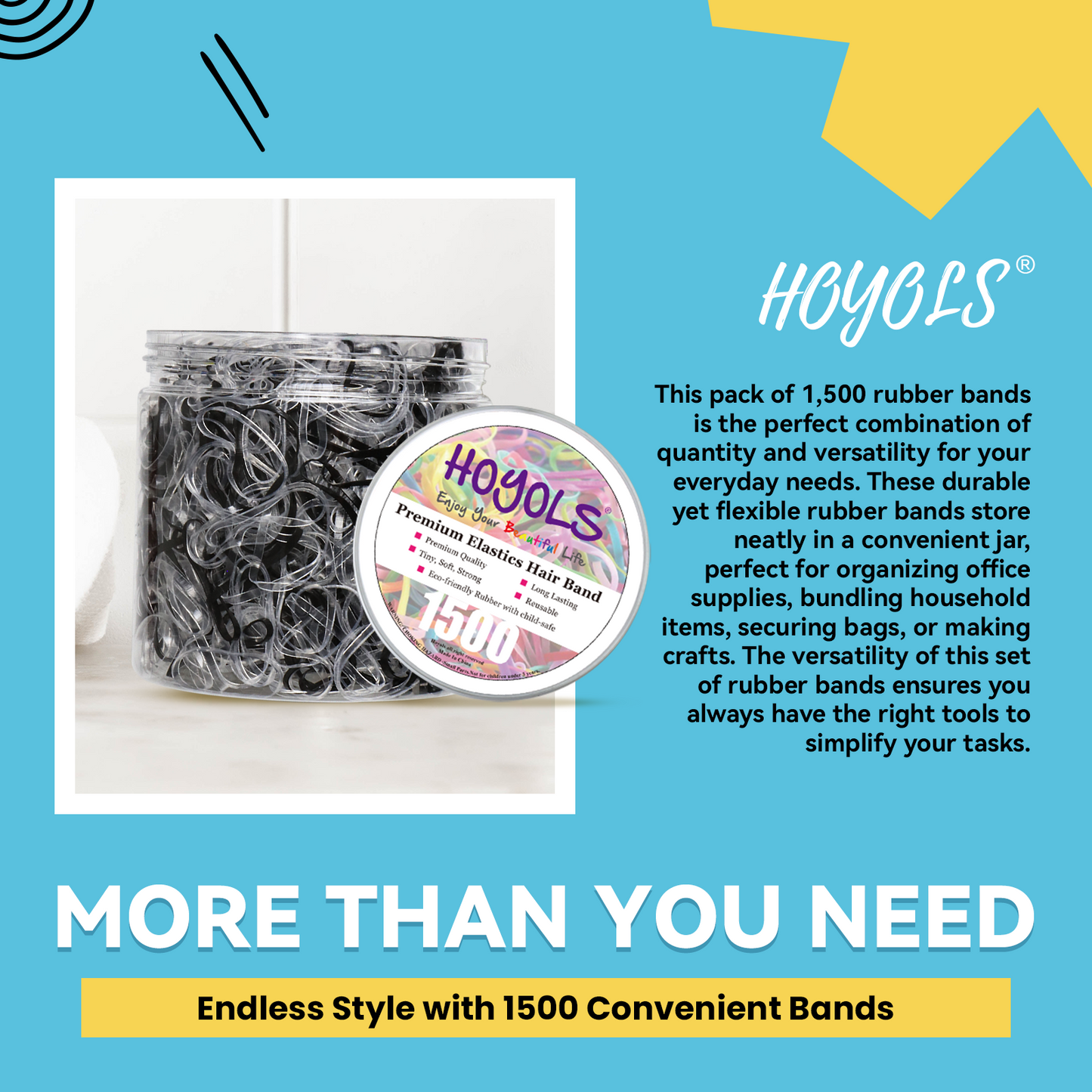 HOYOLS Clear & Black Elastic Hair Ties Rubber Bands Soft Ponytail Holder Mini Plastics Polyband for Women Youth Girls 1500 Pcs Assorted Color Accessories TPU