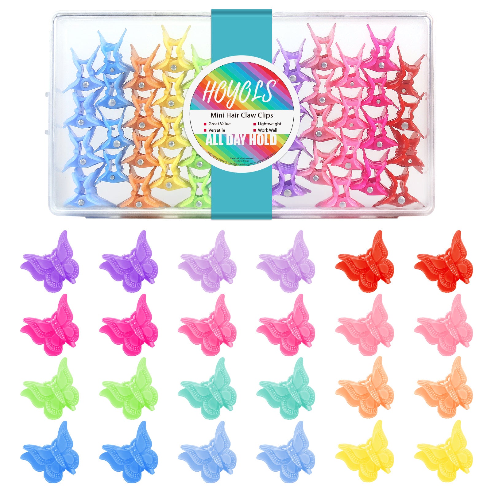 HOYOLS Mini Butterfly Hair Clips, Y2K Small Jaw Hairclips for Women and Teens, 90s Cute Hair Accessories for Braids 12 Assorted Colors, 48 Pcs (Candy Rainbow) 