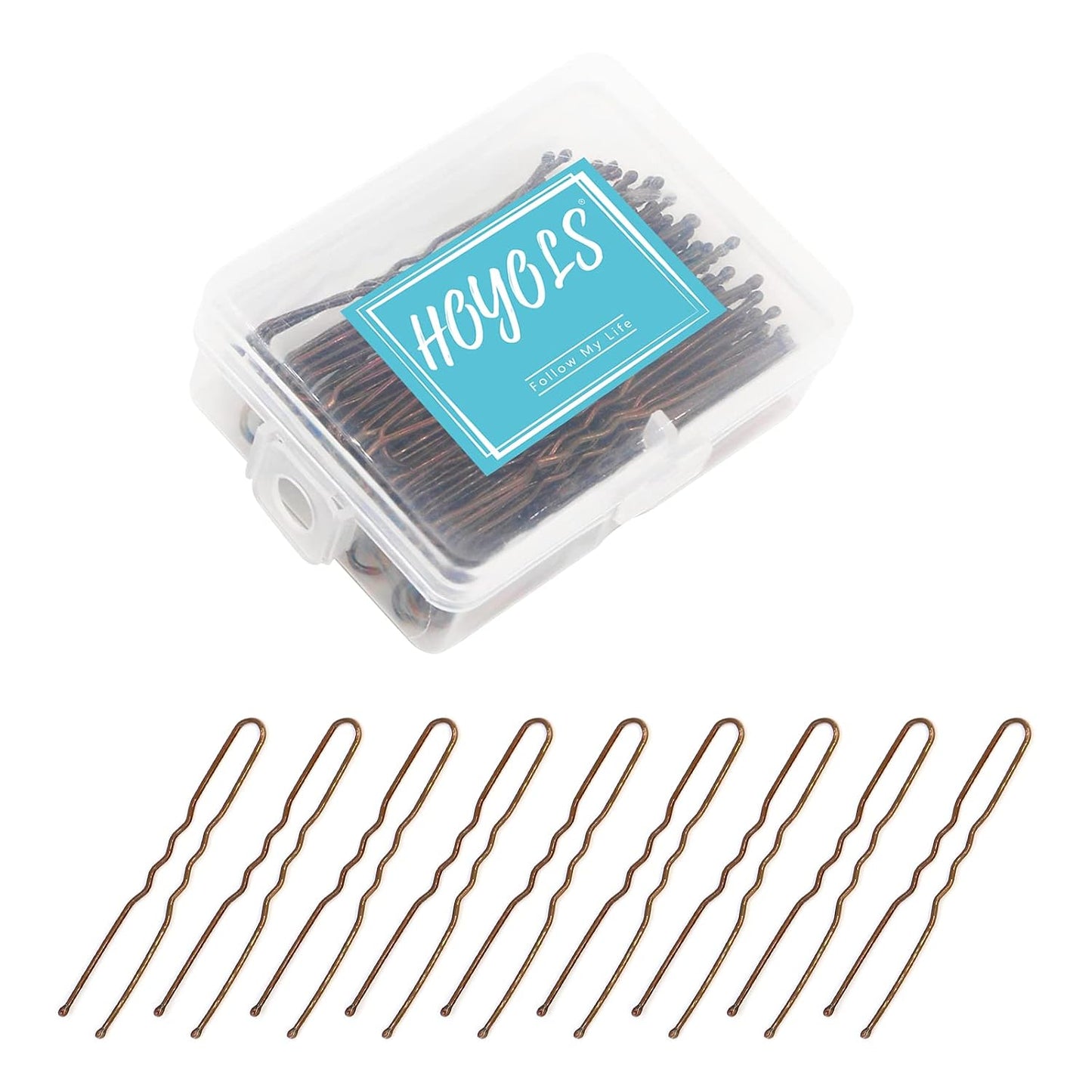 Hoyols U Shaped Hair Pins Brown, U Shape Bobby Pins Metal Curved Curly Waved Bun Clips Hairpin for Buns Women Girls Grips Hairstyle Updo Thin Thick Hair, 100 Count 2.4 Inch (Brown)