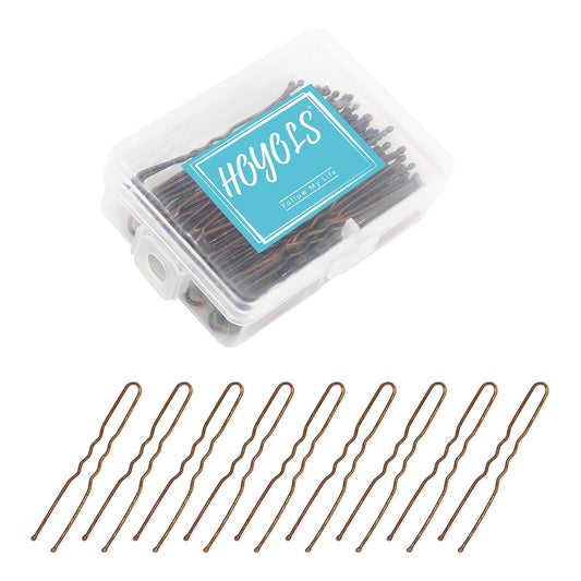 Hoyols U Shaped Hair Pins Brown, U Shape Bobby Pins Metal Curved Curly Waved Bun Clips Hairpin for Buns Women Girls Grips Hairstyle Updo Thin Thick Hair, 100 Count 2.4 Inch (Brown)