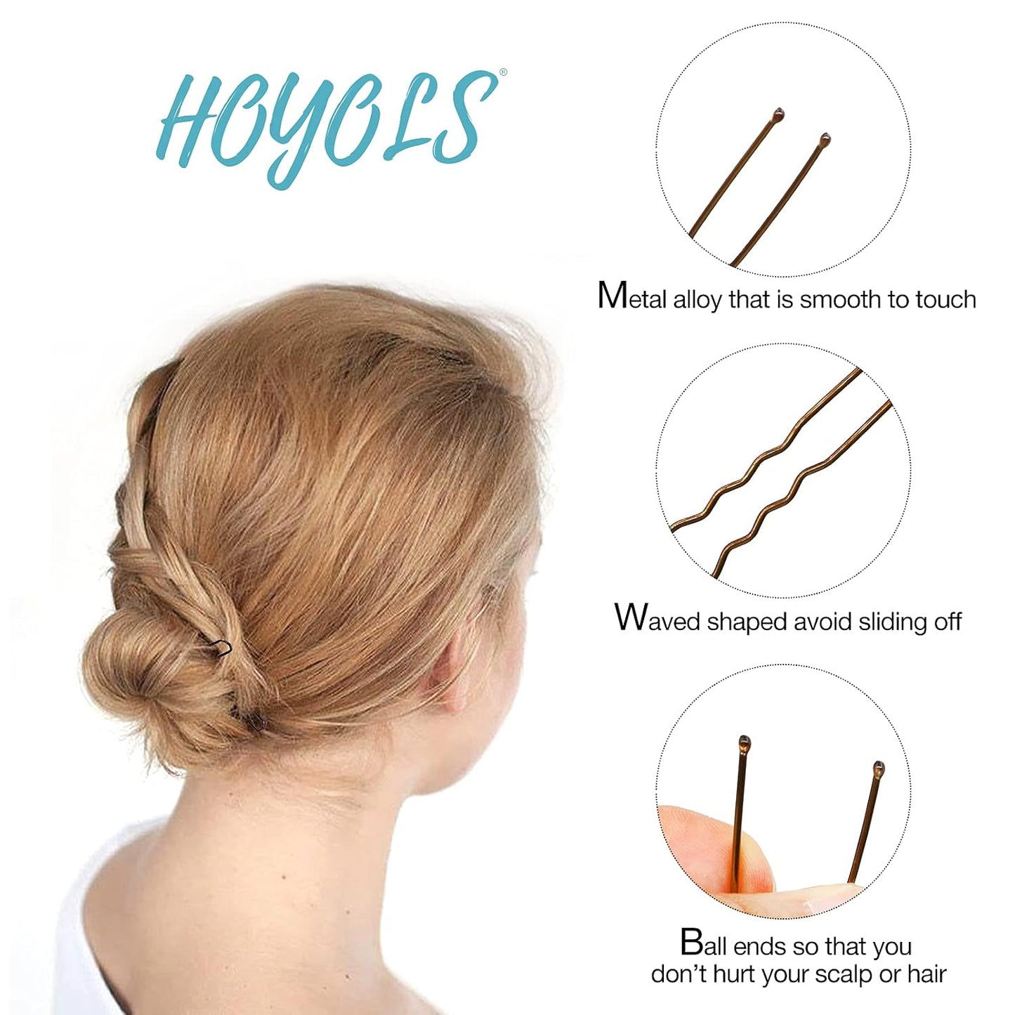 Hoyols U Shaped Hair Pins Brown, U Shape Bobby Pins Metal Curved Curly Waved Bun Clips Hairpin for Buns Women Girls Grips Hairstyle Updo Thin Thick Hair, 100 Count 2.4 Inch (Brown)