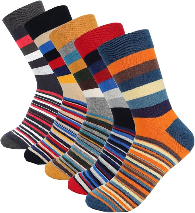 HOYOLS Men's Dress Casual Colorful Stripe Cotton Socks Patterned Business Long Socks (5 Packs)