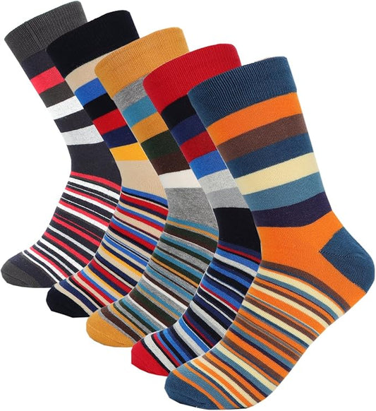 HOYOLS Men's Dress Casual Colorful Stripe Cotton Socks Patterned Business Long Socks (5 Packs)