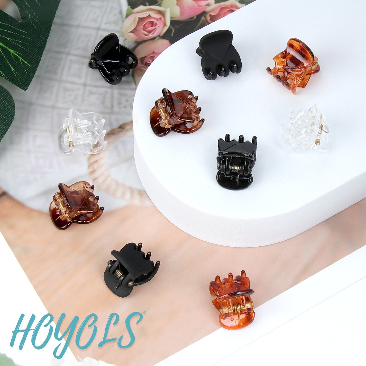 Hoyols Small Mini Jaw Hair Claw Clips for Women and Girls - 48 Pcs Amber Brown Plastic No Slip Bulk Set for Makeup, Styling and Thin Fine Hair