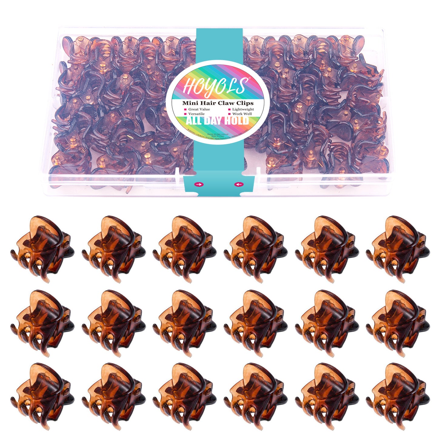 Hoyols Small Mini Jaw Hair Claw Clips for Women and Girls - 48 Pcs Amber Brown Plastic No Slip Bulk Set for Makeup, Styling and Thin Fine Hair 