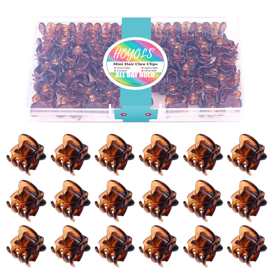 Hoyols Small Mini Jaw Hair Claw Clips for Women and Girls - 48 Pcs Amber Brown Plastic No Slip Bulk Set for Makeup, Styling and Thin Fine Hair 