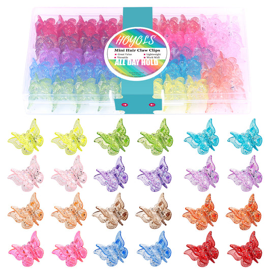 Hoyols Glitter Butterfly Hair Clips, 90s Y2K Sparkle Accessories for Teens Women Adults, Cute Small Jaw Claws, Assorted 12 Colors, 48 Pcs (Sparkle Candy)