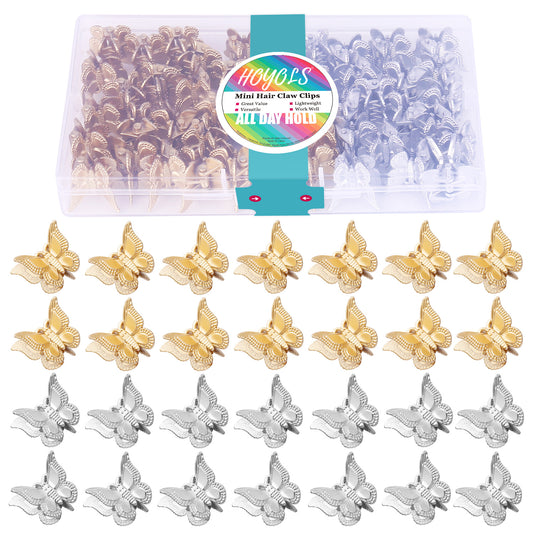 Hoyols Silver Gold Butterfly Hair Clips, 48 pcs 90s Hair Accessories for Teens Women, Small Mini Hair Stuff Thing Clips Pins for Braids Rave Festival Party Decorations Bulk (Metallic Color)