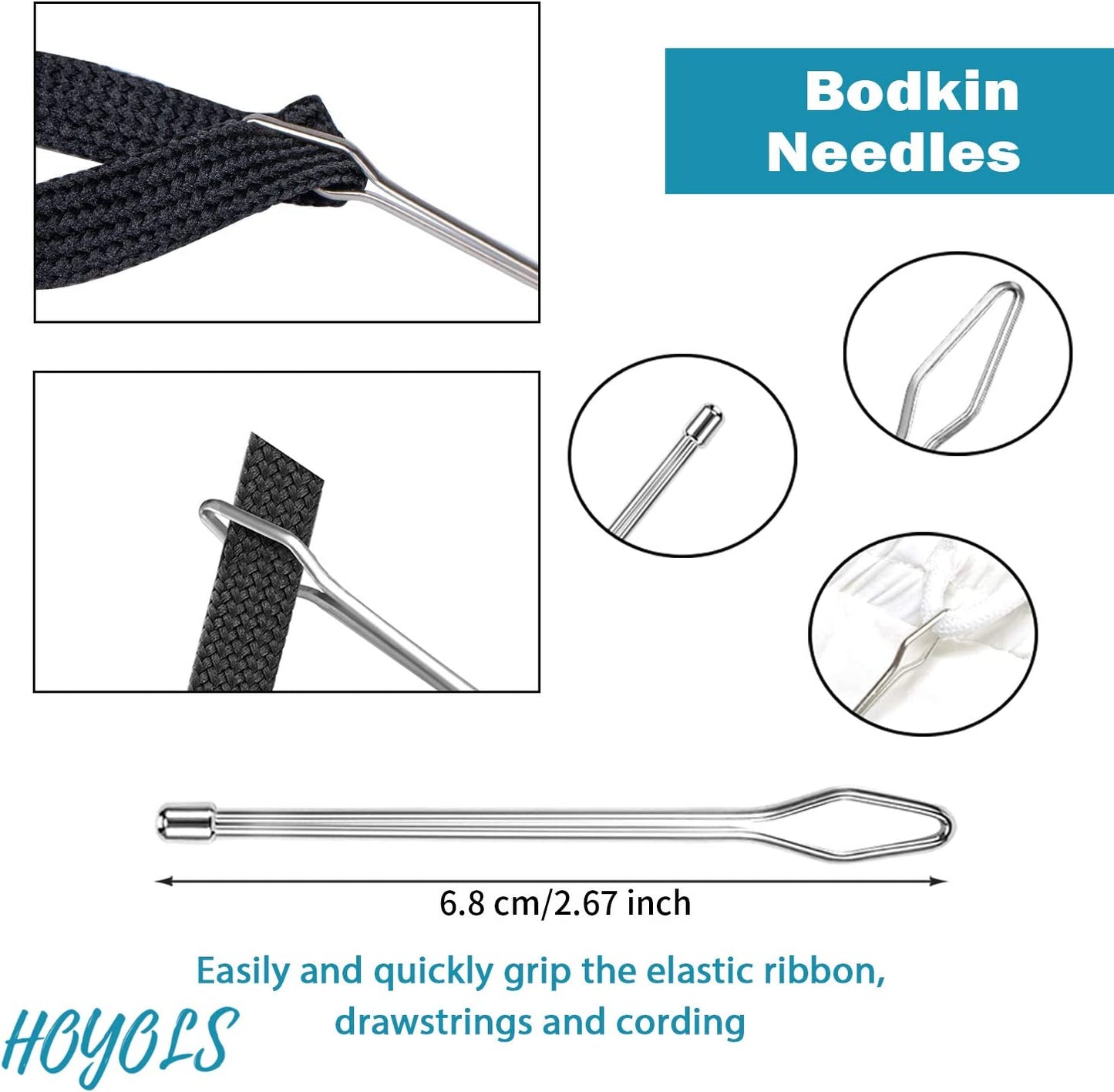 HOYOLS Bodkin Needles Drawstring Threader, Sewing Replacement Tools 6pcs Set, Stainless Steel Tweezers Flexible Quick & Easy Rethreads for Wool Yarn Ribbon Elastic Tape