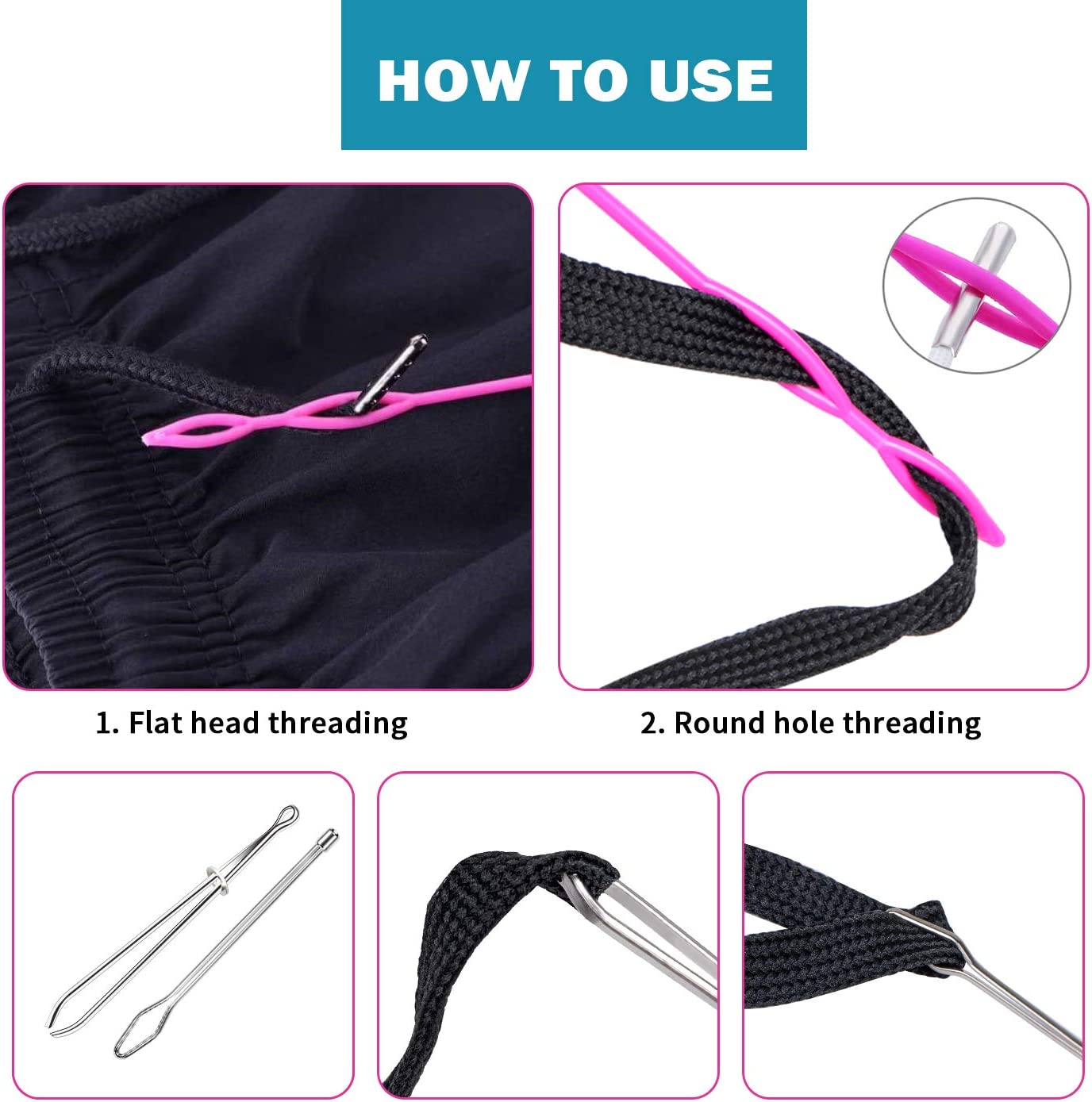HOYOLS Bodkin Needles Drawstring Threader, Sewing Replacement Tools 6pcs Set, Stainless Steel Tweezers Flexible Quick & Easy Rethreads for Wool Yarn Ribbon Elastic Tape