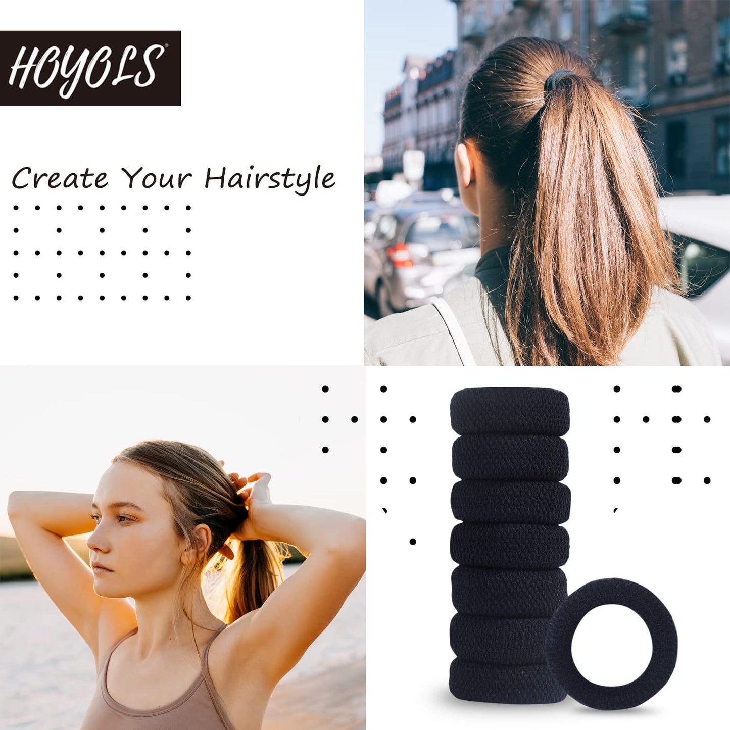 Large Thick Hair Ties, Black Ponytail Holder Seamless Hair Bands Cotton Stretch for Women Mens Hair Ties No Damage Headband HOYOLS (Black)