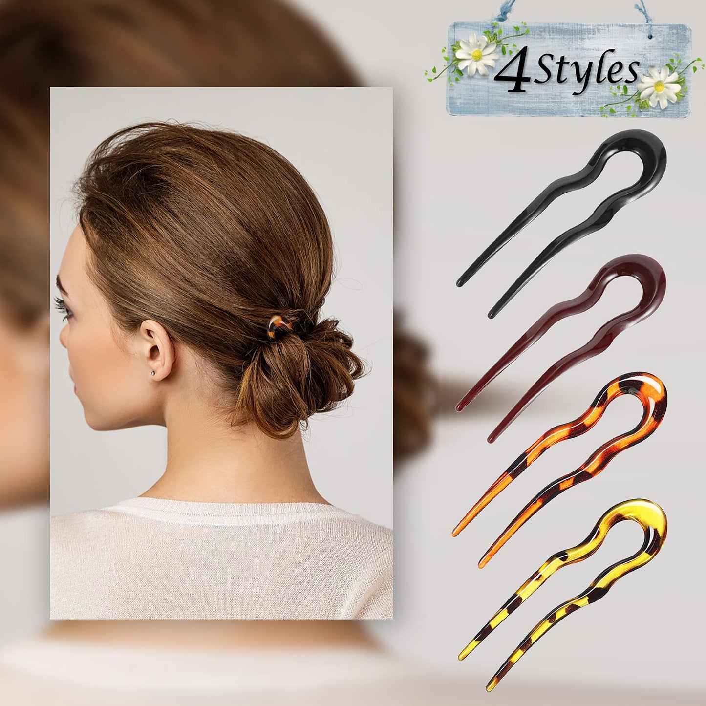 Hoyols Tortoise Shell French Large Wavy Crink Style U Shaped Hair Pin Chignon Hair Sticks Updo Bun cover Holder Sleek Set 3 pcs 5” inch (Tortoise shell Beige)