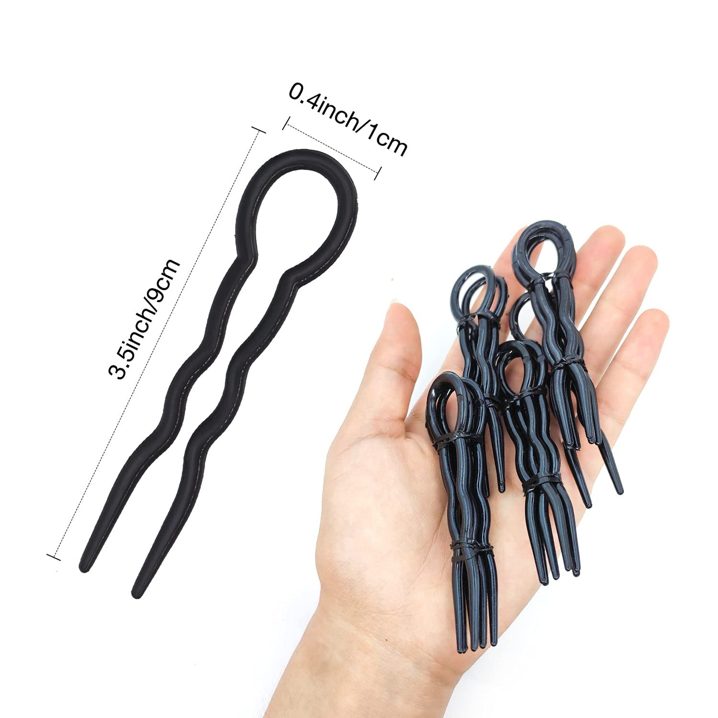 Hoyols 12 pcs 3.5” inch French Style Hair Pins, Small French Hair Fork, Wavy Crink Hair Pin U Shaped Hair Sticks Cellulose Acetate Chignon Updo Bun cover Holder Sleek Set for Women Styling Accessories Black