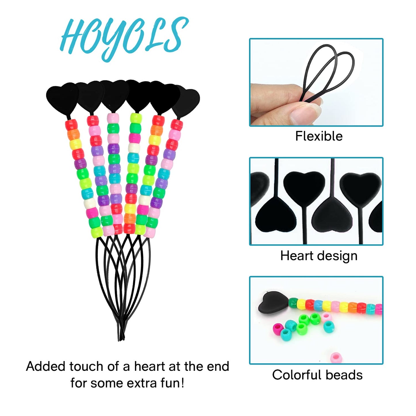Hoyols Quick Hair Beading Tools with Colorful Pony Beads Magic Topsy Hair Tail Beader for Loading Beads Braid Stringer Ponytail Maker Styling for Kids Girls 6pcs Black
