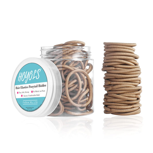Hoyols 1” Hair Elastics for Fine Hair Ties No Slip No Damage for Women Girl Kids Hair Thin Ponytail Holders Brown Scrunchies 2mm 100 Count (Dark Golden Blonde)