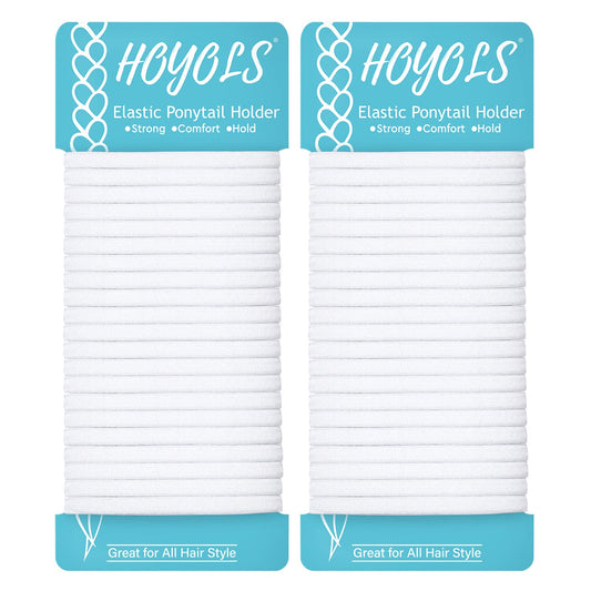 HOYOLS Flat White Hair Elastics Bands, No Metal Thick Large Hair Ties, Heavy Curly Hair Ponytail Holders Headband for Women Men 1-inch 5mm Width 42 Count (White)