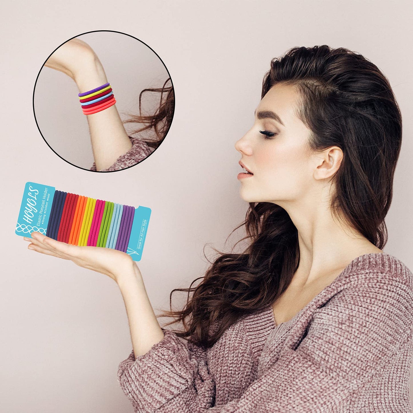 HOYOLS No Metal Hair Elastics Bands Assorted Color for Women’s Medium Thick Hair 4mm, Ponytail Holder Gentle Hold No Snag Hair Ties Accessories 8 Colors 56 Count (Sharp)