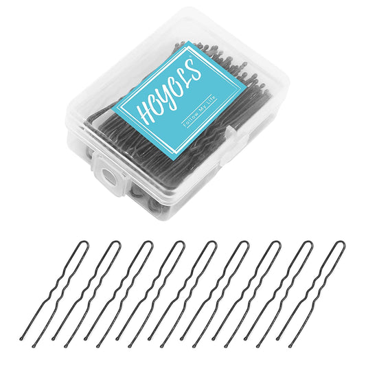 Hoyols U Shaped Hair Pins Black, U Shape Bobby Pins, Metal Curved Curly Waved Bun Clips Bobby Pins for Buns Women Girls Grips Hairstyle Salon Accessories Updo, 100 Count (Black)