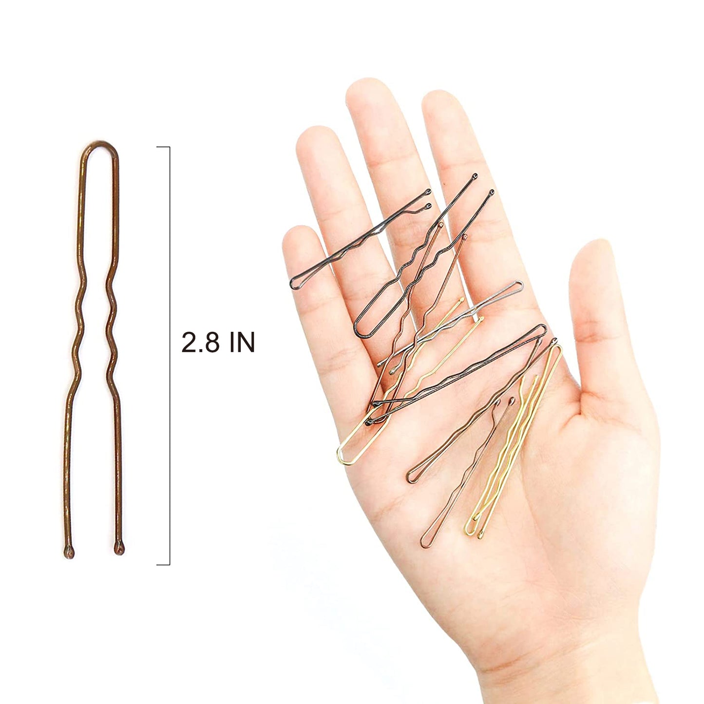 Hoyols U Shaped Hair Pins Brown, Metal Curved Curly Waved Bun Clips Bobby Pins Brown for Women Hair Accessories Decorative Buns Girls Grips Hairstyle with Case, 100 Count (Brown)
