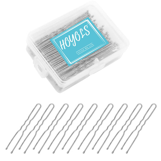 Hoyols U Shaped Hair Pins Silver, U Shape Bobby Pins Metal Curved Curly Waved Bun Clips Hairpin for Buns Women Girls Grips Hairstyle Updo Thin Thick Hair, 100 Count 2.4 in (Silver)
