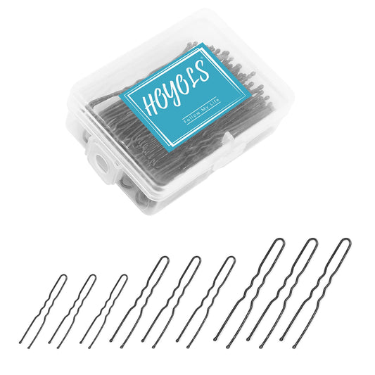Hoyols U Shaped Hair Pins Black, Assorted Size U Shape Bobby Pins, Metal Curved Curly Bun Clips Hairpin Crimped Design with Ball Tips for Buns Women Girls Grips Hairstyle Updo Thin Thick Hair, 150 Count Bulk Pack (Black)