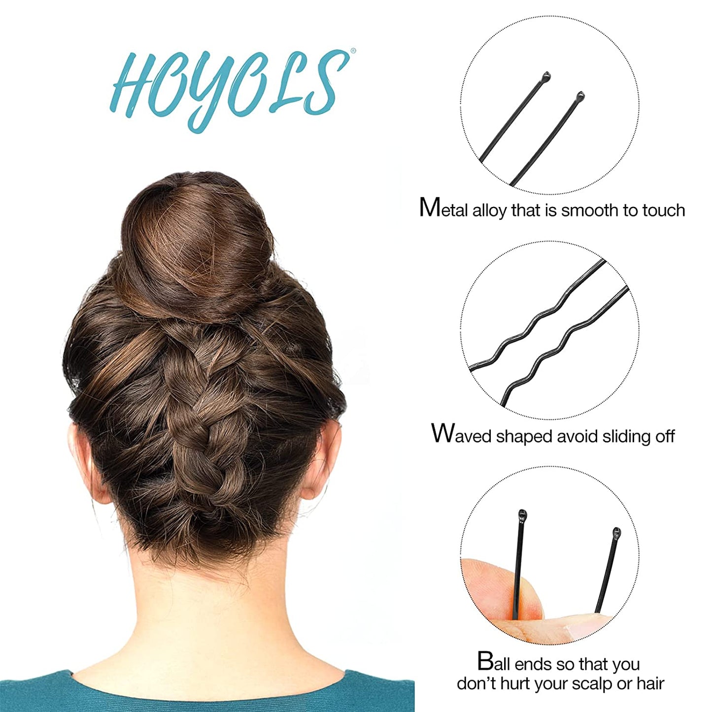Hoyols U Shaped Hair Pins Black, Assorted Size U Shape Bobby Pins, Metal Curved Curly Bun Clips Hairpin Crimped Design with Ball Tips for Buns Women Girls Grips Hairstyle Updo Thin Thick Hair, 150 Count Bulk Pack (Black)