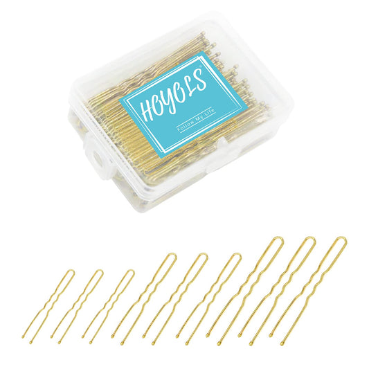 Hoyols U Shaped Hair Pins Blonde, Assorted Size U Shape Bobby Pins, Metal Curved Curly Bun Clips Hairpin Crimped Design with Ball Tips for Buns Women Girls Grips Hairstyle Updo Thin Thick Hair Gold, 150 Count Bulk Pack (Blonde)