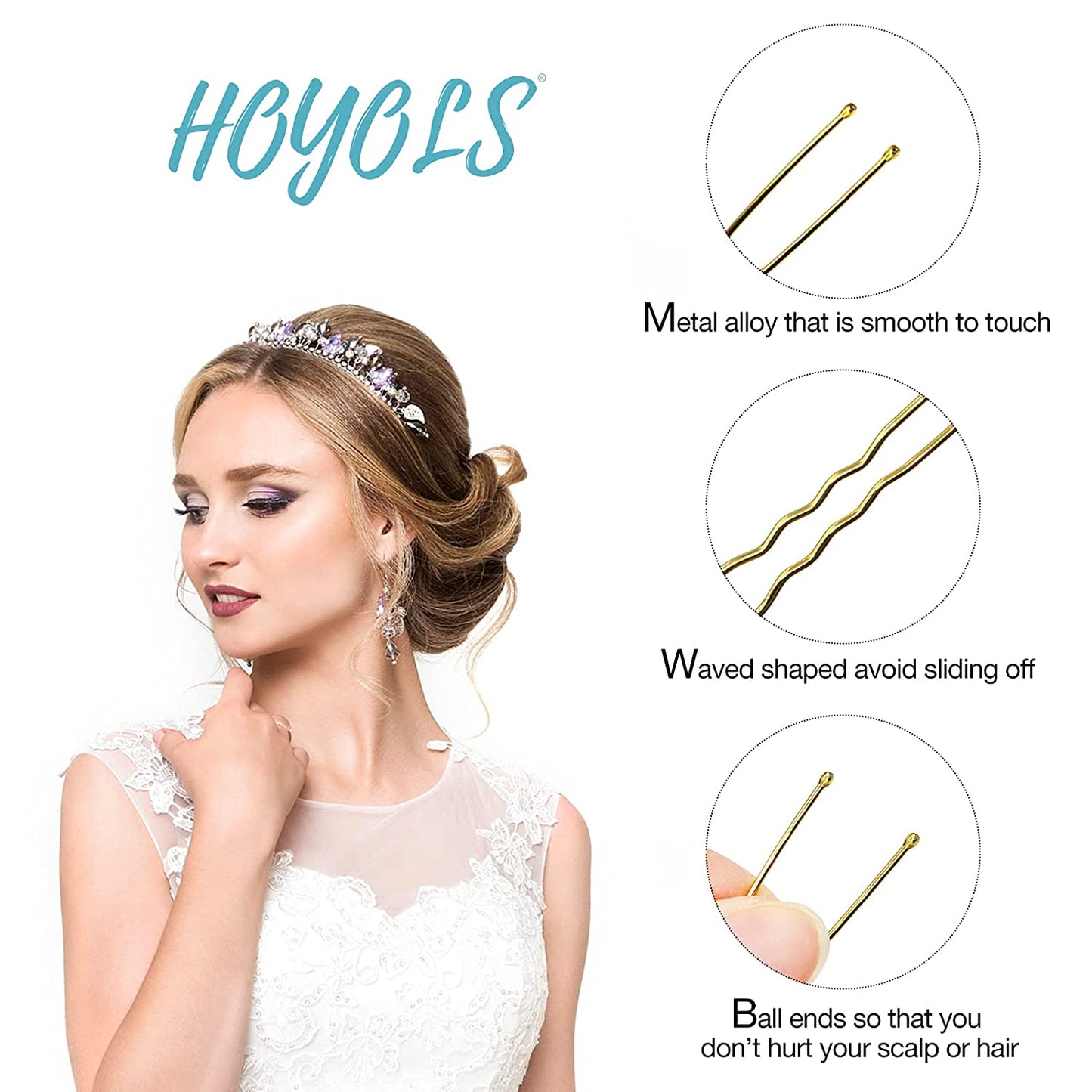 Hoyols U Shaped Hair Pins Blonde, Assorted Size U Shape Bobby Pins, Metal Curved Curly Bun Clips Hairpin Crimped Design with Ball Tips for Buns Women Girls Grips Hairstyle Updo Thin Thick Hair Gold, 150 Count Bulk Pack (Blonde)