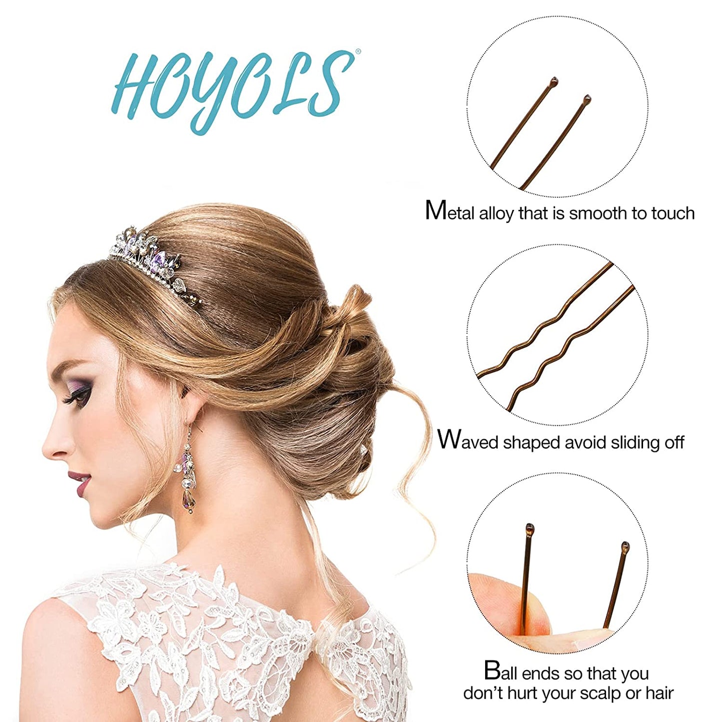 Hoyols U Shaped Hair Pins Brown, Assorted Size U Shape Bobby Pins, Metal Curved Curly Bun Clips Hairpin Crimped Design with Ball Tips for Buns Women Girls Grips Hairstyle Updo Thin Thick Hair Gold, 150 Count Bulk Pack (Brown)