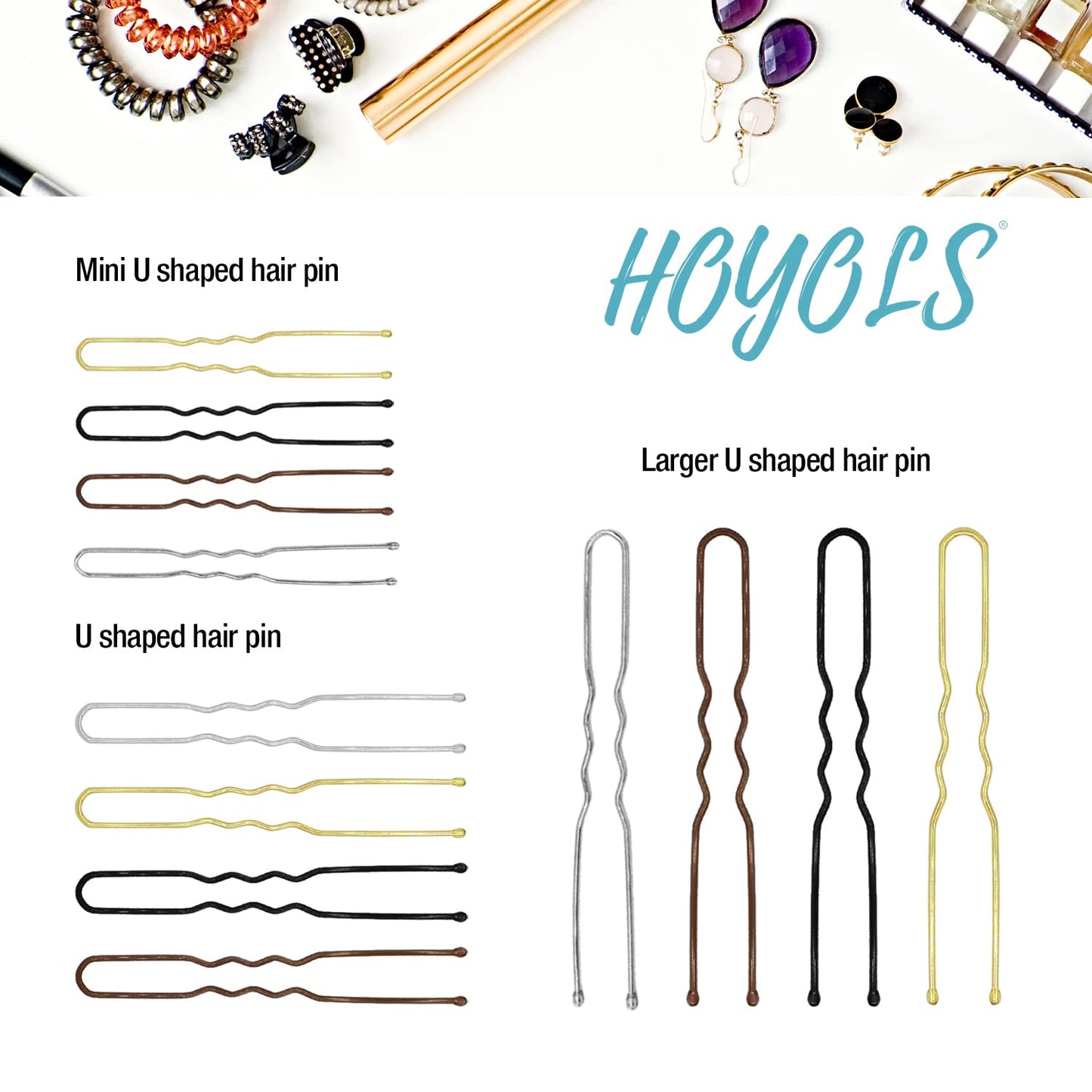 Hoyols U Shaped Hair Pins Silver, Assorted Size U Shape Bobby Pins, Metal Curved Curly Bun Clips Hairpin Crimped Design with Ball Tips for Buns Women Girls Grips Hairstyle Updo Thin Thick Hair Gold, 150 Count Bulk Pack (Silver)